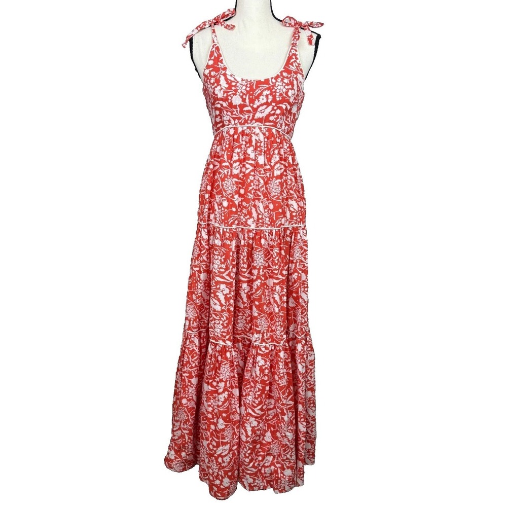 Vtg Victor Costa Dress Womens XS Red Floral Tie Strap Maxi 70s Sundress Resort